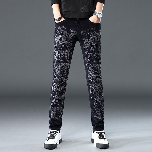 

men's pants black jeans men corduroy tiger print autumn fashion streetwear hip hop trend casual slim keep warm male trousers