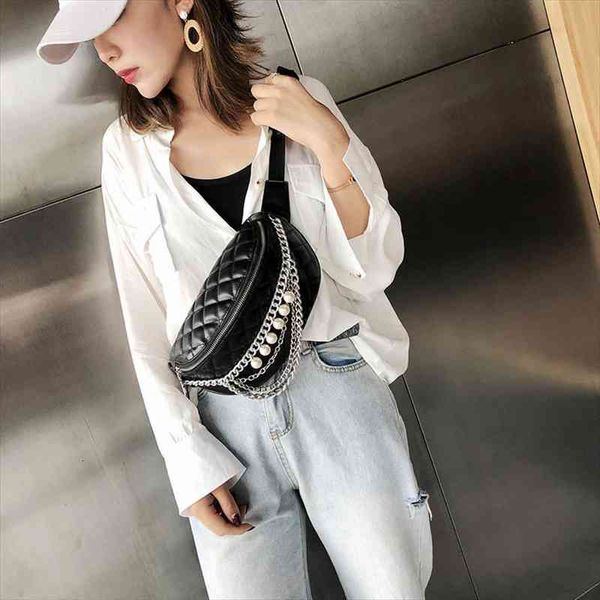 

lingge womens waist female bag pearl chain fanny pack leather belt bags shoulder crossbody chest banana hip pocket