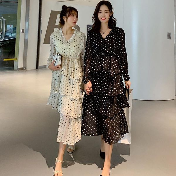

casual dresses retro sweet print ruffled long dress women 2021 autumn black v-neck sleeve slim fashion women's vestidos p860, Black;gray