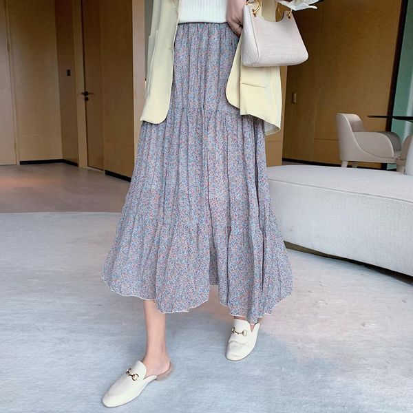 

skirts fashion women 2021 spring summer female chic floral print casual skirt high waist chiffon all-match pleated mid-calf s97, Black