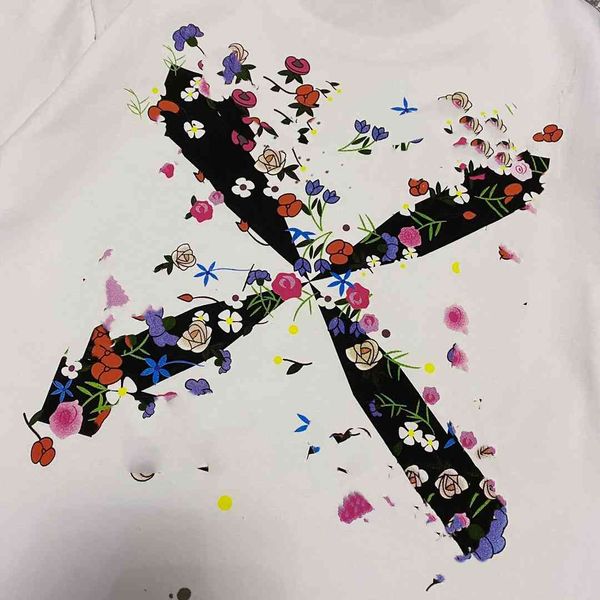 

short round summer loose fresh neck and sweet sleeve printed hand painted flower white cotton pullover t-shirt, Gray