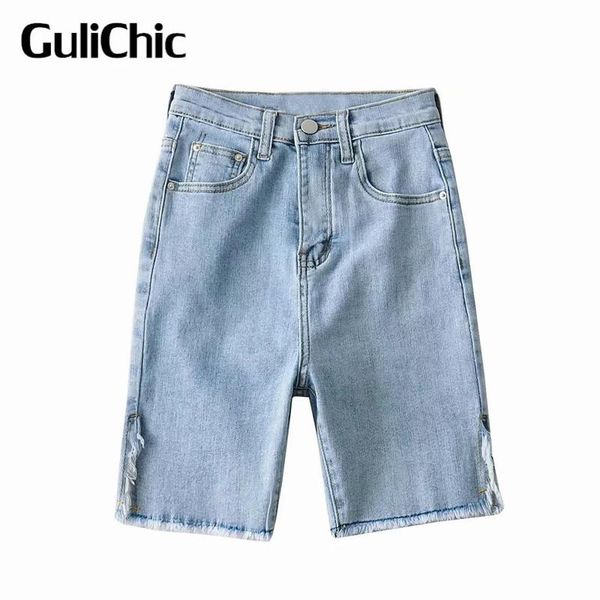 

women's jeans 7.1 high waist slim straight knee length 2021 summer side of split women, Blue