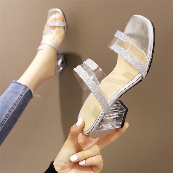 

sandals women pvc crystal open toed high heels transparent heel slippers pumps 7.5cm sandalias mujer, Black