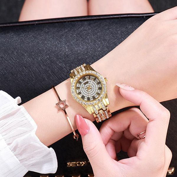 

wristwatches 2021 women full diamond roma wrist watches luxury rose gold stainless steel quartz montre femme, Slivery;brown