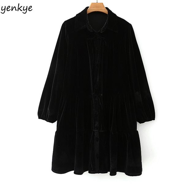 

fall women vintage black velvet dress long sleeve lapel collar autumn casual plus size mini vestido 210514, Black;gray