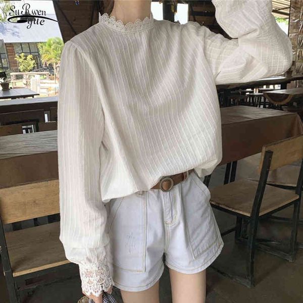 Осень корейская хлопковая рубашка для женщин кружева повседневная фонарь с длинным рукавом пуловер блузка белые полосатые дамы топы 10912 210508