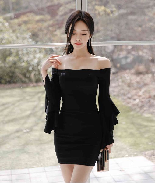 

casual dresses fare sleeve ruffles bodycon dress women elegant slash neck lace dreses ruched draped bottoming vestidos wwo0, Black;gray