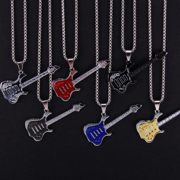 

pendant necklaces european and american fashion trend men women party guitar color couple hip hop rock instrument alloy necklace, Silver