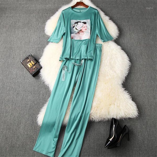 

2piece set tracksuit womens pants and summer 2021 fashion print t shirt+pants suit matching lady casual twinset two piece dress, White