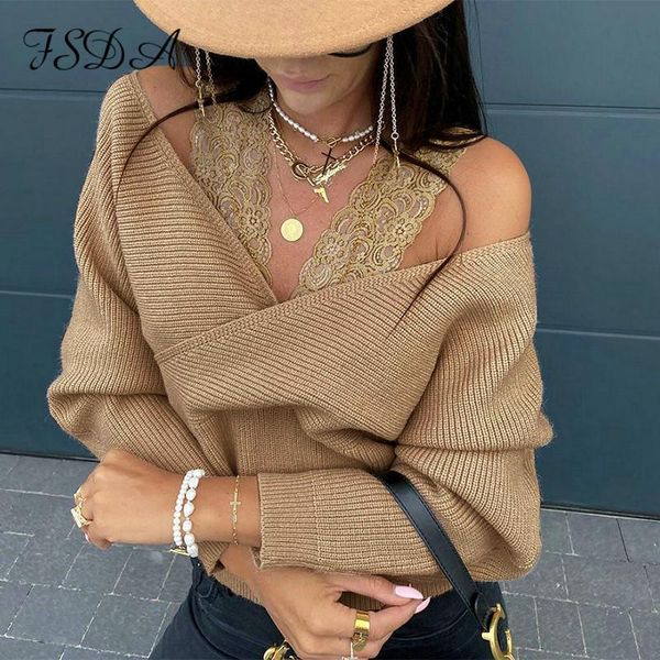 

women's sweaters fsda v neck long sleeve lace sweater khaki women loose knitted 2021 pullover casual autumn winter fashion jumper white, White;black