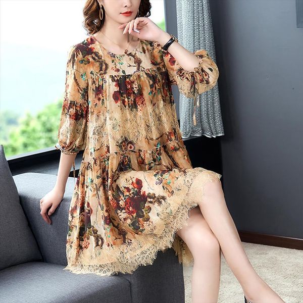

spring summer mulberry silk women dress midi 4xl plus size vintage lace print runway elegant bodycon party vestidos, Black;gray