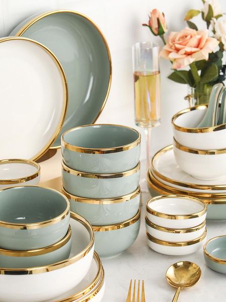 

bowls light luxury tableware european gold brim bowl and dish set nordic creative chopsticks plate household ceramic