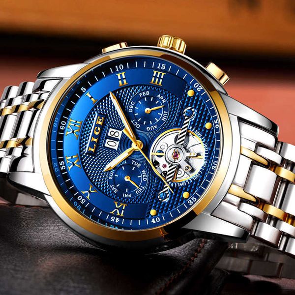 LIGE Marke Automatische Mechanische Männer Uhren Sport 50M Wasserdichte Uhr Männliche Armbanduhr Mode Relogio Masculino 210527