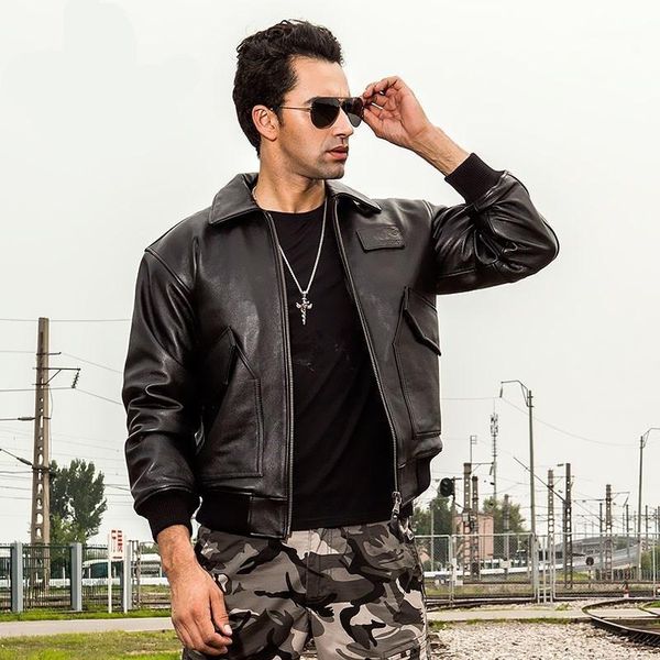

men's leather & faux 2021 brown men usaf pilot jacket europe size xxl genuine natural cowhide autumn military style aviation coat, Black