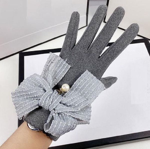 

five fingers gloves women winter driving ladies girls outdoor bowknot pearl full finger touch screen mittens 1 pair solid color party, Blue;gray