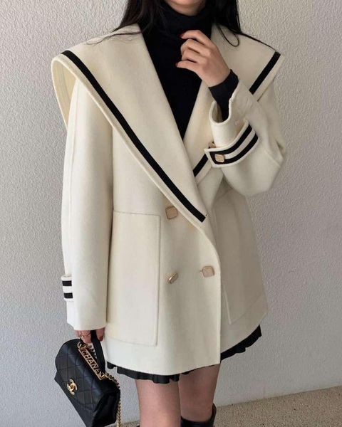 

women's wool & blends korean fashion 2021 winter coat women preppy style sailor collar contrast color double breasted mid-length woolen, Black