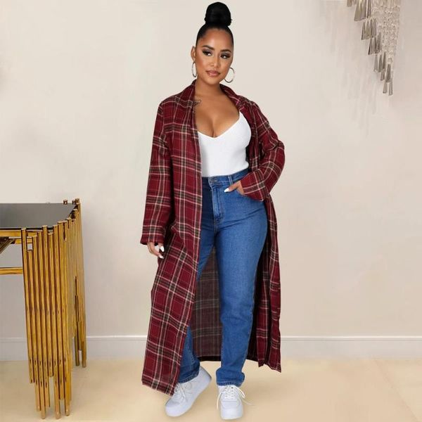 

women's trench coats 2021 autumn winter plaid long sleeve casual cardigan fashionable loose coat one piece set female's streetwear, Tan;black