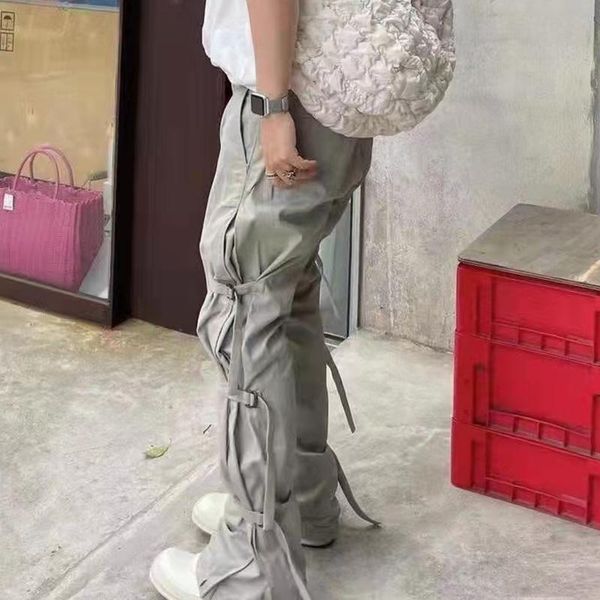 

men's pants harajuku side 3 straps drawstring vibe style mens casual trousers oversized streetwear loosse overalls hip cargo, Black
