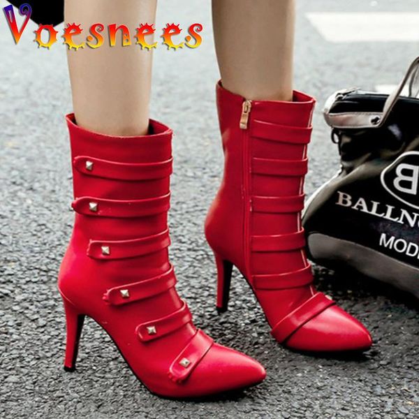 

voesnees autumn boots women shoes 2021fashion belt buckle pointed stiletto high heels plus size ladies mid-calf short, Black