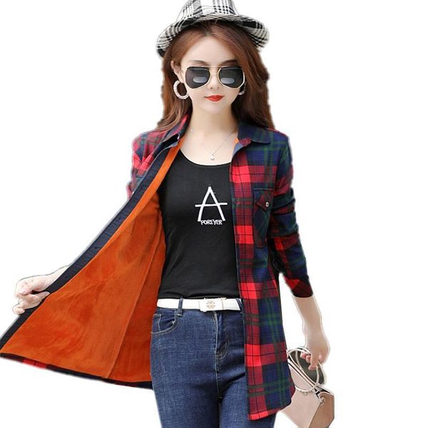 

women winter womens shirt warm flannel long plaid blouse fashion sleeve turn down collar pocket velvet shirts  3xl, White