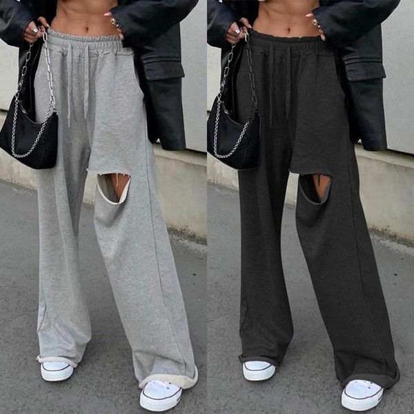 

wide leg pants punk gothic women loose streetwear outfits high waist hip hop hole pant fashion sweatpants trousers black gray women's &, Black;white
