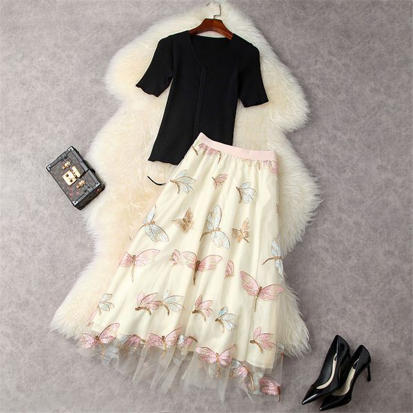 

two piece dress summer 2 piece of women's clothing designer fashion short sleeves upper mesh and knitted embroidery skirt casual outfit, White