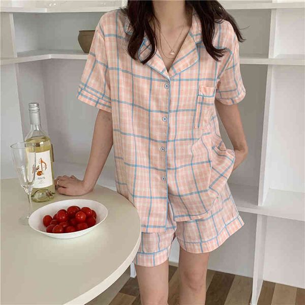 

casual dresses chic geometric cotton summer 2021 all match loose plaid homewear women home sleepwear pajamas suits sets 10l7, Black;gray