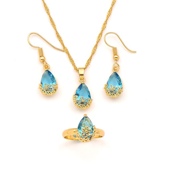 

18k yellow gold gf pendant earrings ring twisted chain water drop sapphire crystal rectangle gem with channel bridal jewellery, Silver