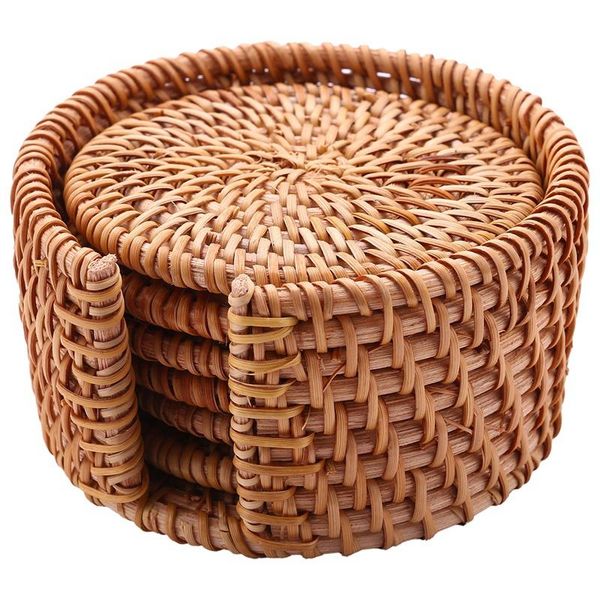 

mats & pads 6pcs/ drink coasters set for kungfu tea accessories round tableware placemat dish mat rattan weave cup pad diameter 8cm