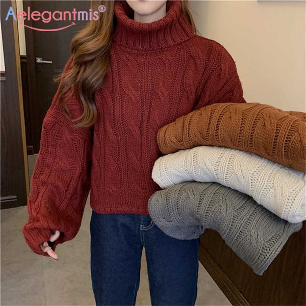 Aeelegantmis coreano allentato torsione maglione donna spessa morbida dolcevita calda maglione pullover femminile vintage oversize ritagliata a maglia top 210607