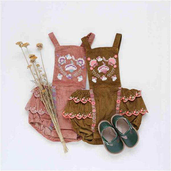 

so beautiful brand baby girls vintage embroidery bodysuit toddler girl fall winter corduroy flower ruffle jumpsuit little 210619, Blue
