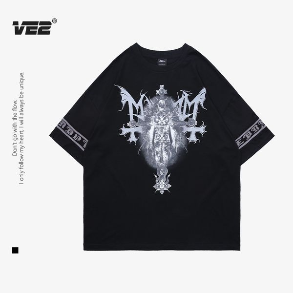 

crosin ve2 dark vibe printed t-shirt for men with loose short sleeves, White