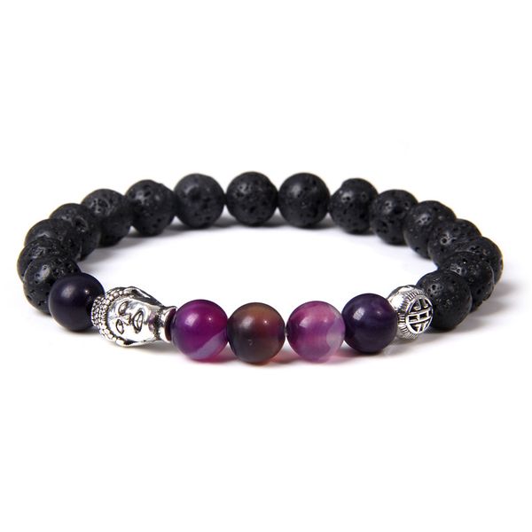 

women men natural agates stone bracelet healing buddha head prayer volcanic lava stone strand beaded charm bracelet yoga jewelry, Black