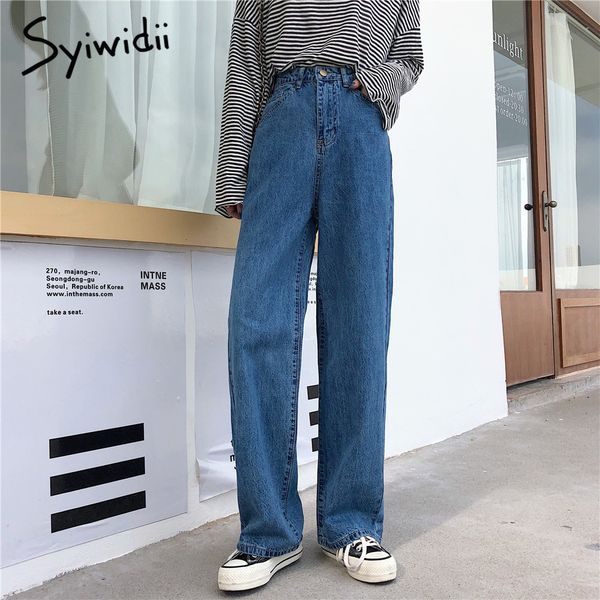 

5xl plus size woman full length denim pants high waist ripped boyfriend jeans for women washed vintage wide leg pant loose 210415, Blue