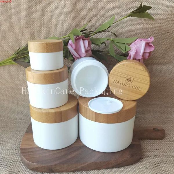 Venda Por Atacado Maquiagem Body Creme Frasco com Bambu LID de madeira Branco PP Recipiente de Plástico Cosméticos Packaging Frascos Logotipo Personalizado JesSgoods