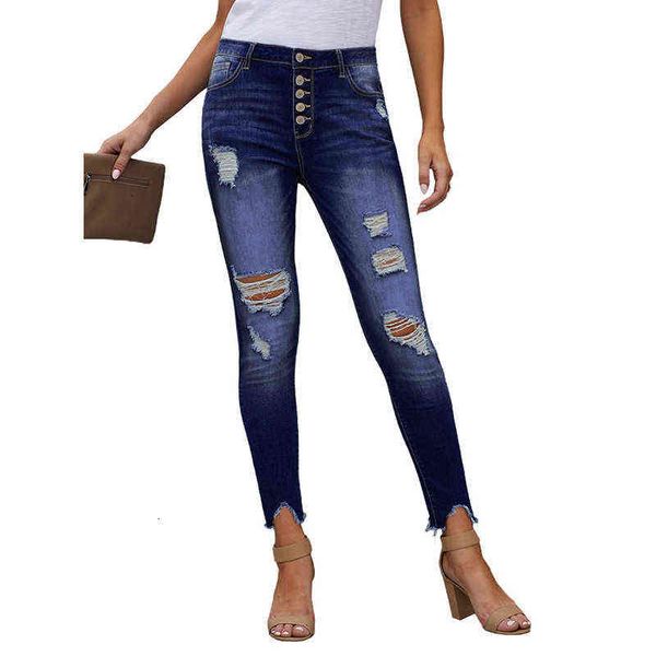 

shiying jeans women's style button hand worn high waist nine point, Blue