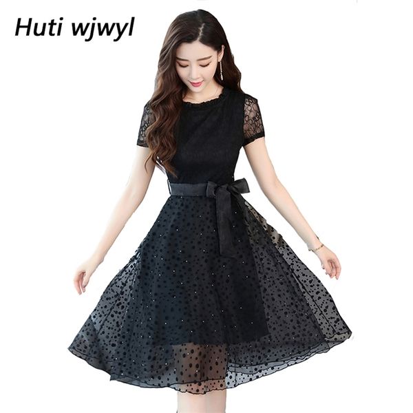 

summer holoow out lace dress plus size maxi sundress boho elegant women club midi es party white vestidos 210528, Black;gray