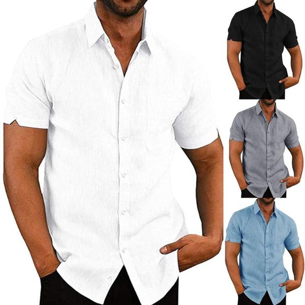

summer lapel solid color short sleeve button men's linen shirt wear casual shirts, White;black