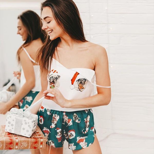 

kawaii doggy printed womens sleepwears camisole sleeveless suits with shorts satin pajamas woman nightgowns female set 2 pcs spring, Black;red