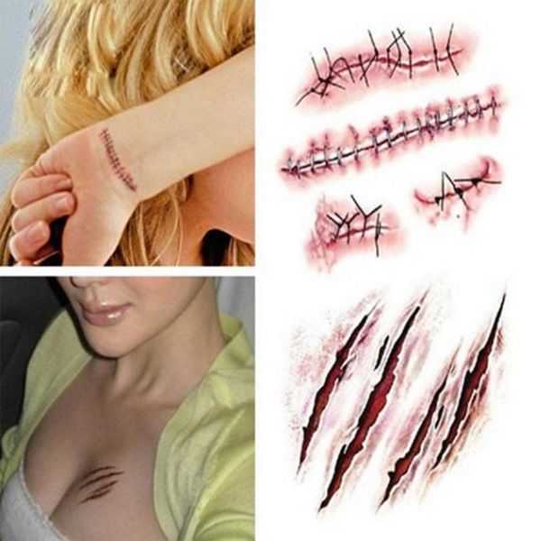 

party decoration 5pcs halloween tattoo stickers simulation horror bleeding suture scars diy decor scary blood injury sticker