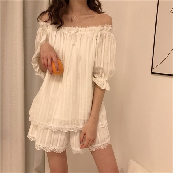 Weiße Prinzessin-Spitze, lässig, locker, süß, kurze Ärmel, Nachtwäsche, sanfter süßer zweiteiliger Anzug, Homewear-Pyjama-Set 210525