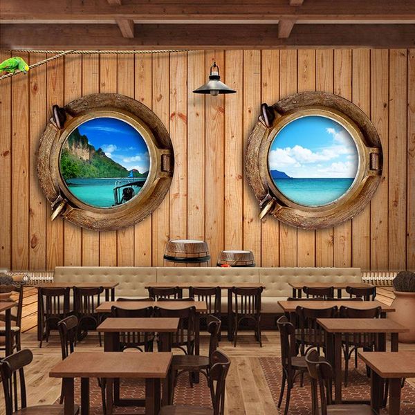 

wallpapers drop custom large 3d nostalgia plank striped landscape mural theme restaurant cafe lounge wallpaper