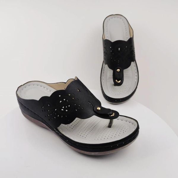 

sandals women vintage wedge flip flopd slippers solid color ollow out slip up shoes summer beach sandalias mujer 2021, Black