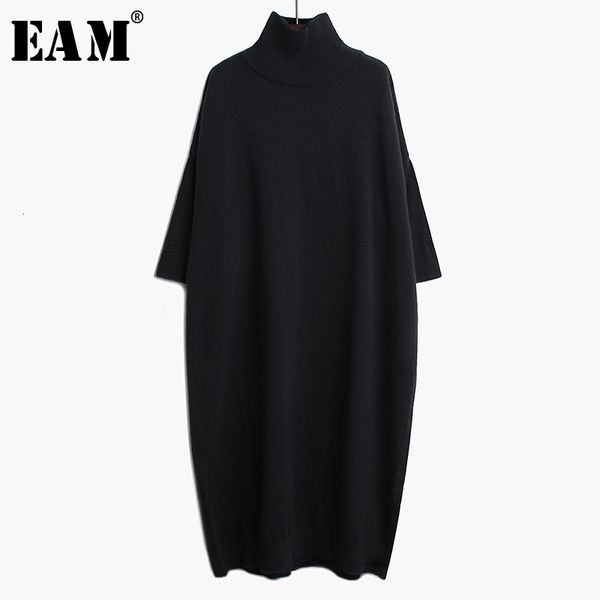 

[eam] women black long big size knitting dress new high collar long sleeve loose fit fashion tide spring autumn 1k122 210401, Black;gray