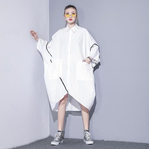 

casual dresses fashion tide irregular hit color patchwork batwing sleeve big size loose vestidos double pockets design woman dress, Black;gray
