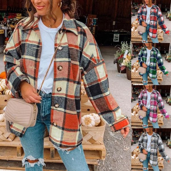 

women's wool & blends women fashion winter plaid coats lattice lapel button casual long sleeve loose overcoat coat plus size ladies ele, Black