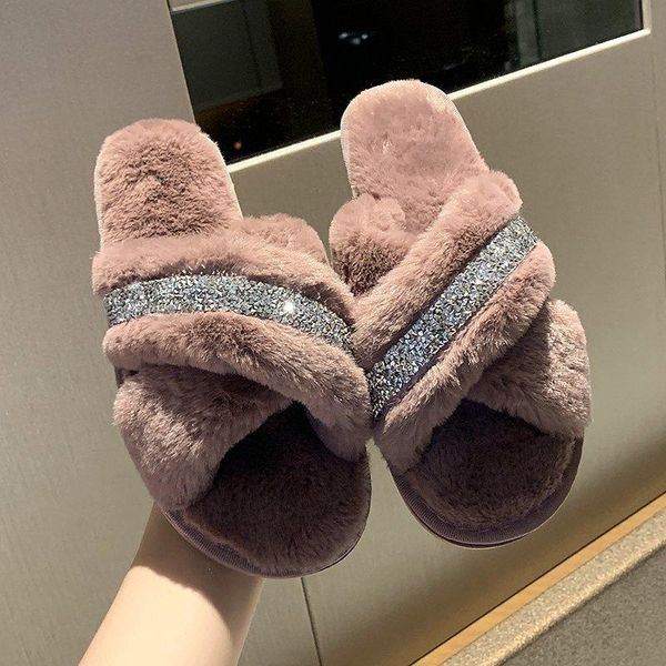 

fur flip flops ladies home slippers rhinestone women bedroom crystal slides bling winter flat fluffy shoes woman, Black