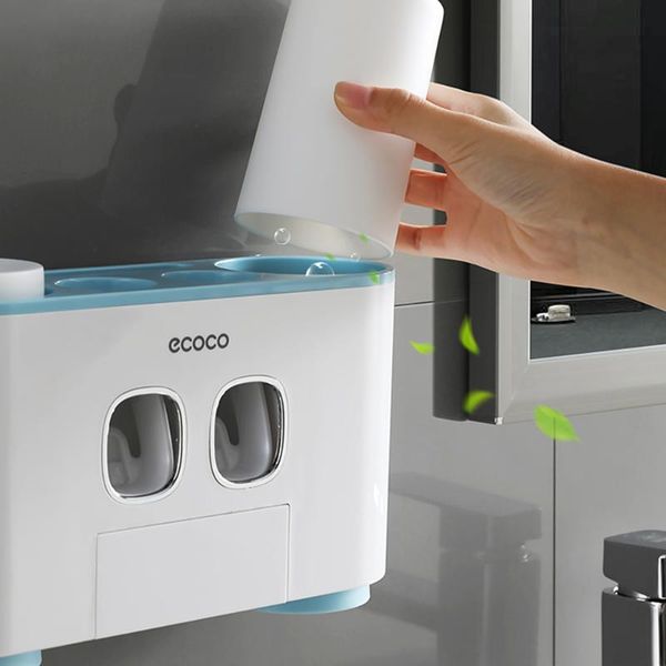 

bathroom storage & organization automatic toothpaste dispenser wall-mounted toothbrush holder with 2 dispensers 4 cups and 5 slots