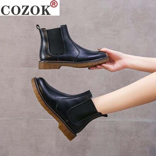 

boots autumn winter women black fashion motorcycle for round toe elastic band leather platform shoes