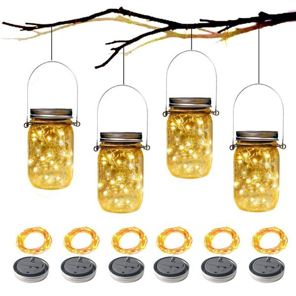 

solar lamps 6pcs mason jar lid light 2m string lights handle 20 leds hanging lantern lamp garden bar decoration colorful strips